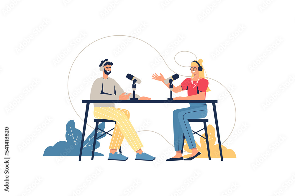 Podcast web concept. Presenter and guest in studio broadcasting live, talking into microphones. Man and woman recording interview, minimal people scene. Illustration in flat design for website