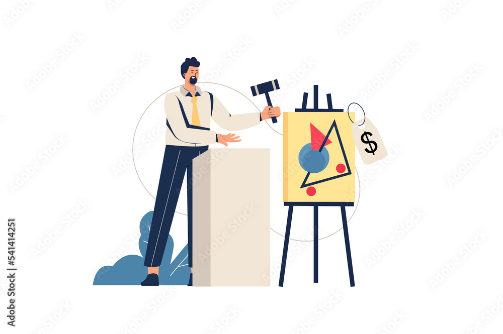 Auction web concept. Seller with hammer sells painting at auction, investment in artwork, bargain purchase of picture at gallery, minimal people scene. Illustration in flat design for website Auction web concept. Seller with hammer sells painting at auction, investment in artwork, bargain purchase of picture at gallery, minimal people scene. Illustration in flat design for website