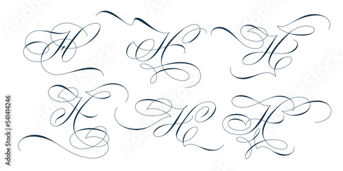 Set of beautiful calligraphic flourishes on capital letter H isolated on white background for decorating text and calligraphy on postcards or greetings cards. Vector illustration.