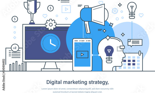 Digital marketing, business analysis, content strategy web banner. Internet marketing, social media, website design, strategy, analysys and development thin line design photo