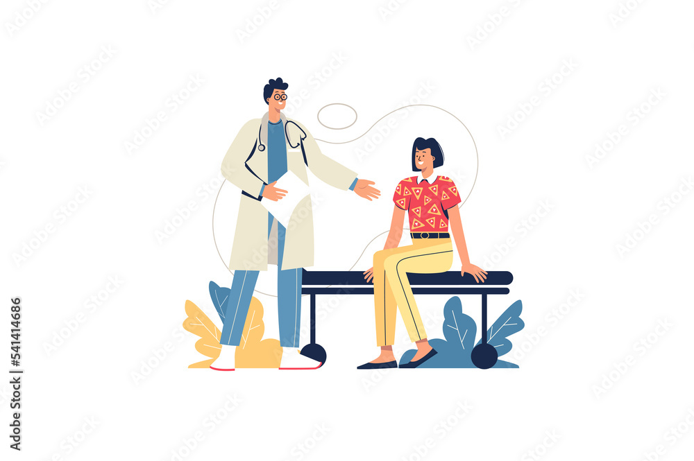 Medical office web concept. Doctor consults patient, diagnostics and treatment prescription. Woman visiting therapist in clinic, minimal people scene. Illustration in flat design for website