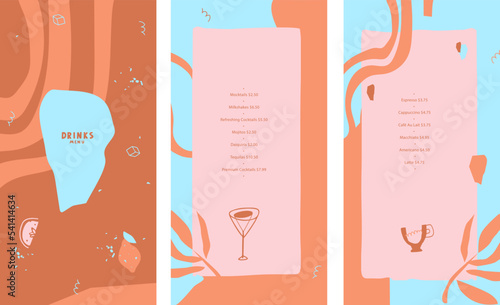 Vector drinks menu design. Creative template. Lines, abstract decorative shapes. Layout for outdoor restaurant, pool bar