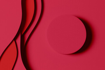 Blank round geometric shape cylinder podium platform on paper cut abstract red minimal geometric shape background. Top view mock up for product display