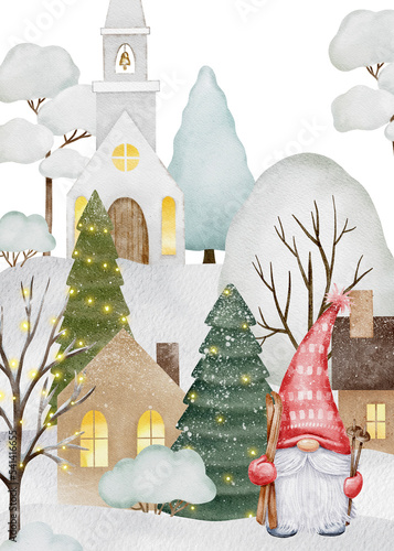 Christmas banner with cute gnome, scandinavian town. Funny cartoon character. Winter hand painted illustration. Warm wishes. New Year holiday design for cards, invitations, scrapbooking photo