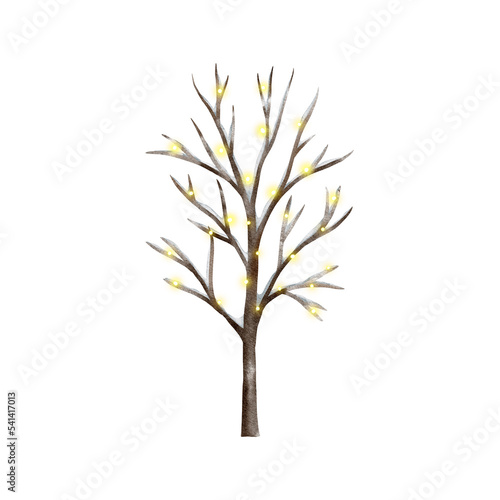 Watercolor tree with lights isolated on white background. Decorative natural elements. Hand painted illustrations. Winter holiday  design for Christmas cards  invitations  scrapbooking