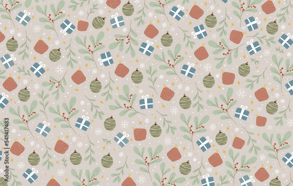 Beautiful Christmas pattern with floral, ornaments and gifts. Hand drawn and detailed, great for christmas banners,wrappers,wallpapers. Vector surface design. Beautiful Christmas pattern with floral, ornaments and gifts. Hand drawn and detailed, great for christmas banners,wrappers,wallpapers. Vector surface design.