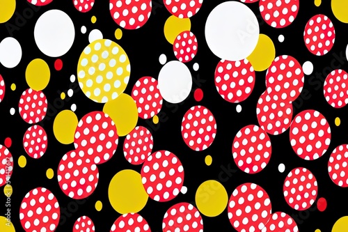 Yellow, Red, Black and White Polka Dots, Stars and Stripes 2d illustrated Seamless Patterns. Kids Party Backgrounds. Children Birthday Invitation Backdrops. Repeating Pattern Tile Swatches Included. photo
