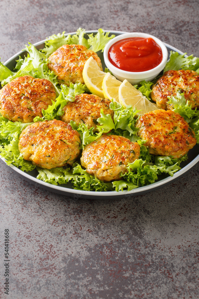 Aussie chicken rissoles patties with cheese, vegetables close-up in a plate on the table. Vertical Aussie chicken rissoles patties with cheese, vegetables close-up in a plate on the table. Vertical