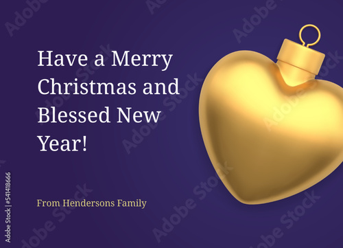 Premium Merry Christmas greeting card golden heart bauble realistic 3d icon vector illustration