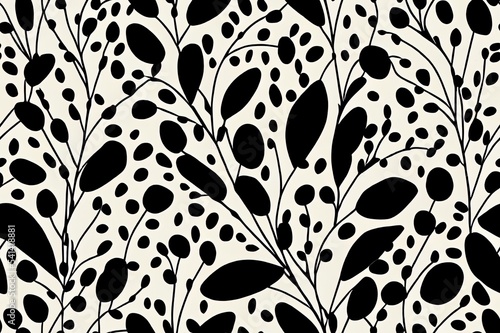 Geometric and botanical pattern of abstract flowers, leopard skin spots, black lines. Handmade seamless pattern Sketchy drawing with black outlines and white, pink, gray. Printing on wallpaper, covers