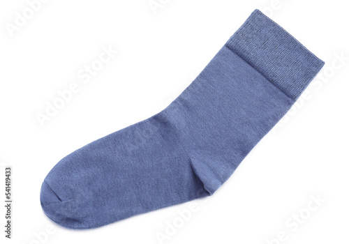 New blue sock isolated on white, top view