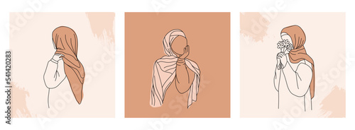 Set vector illustrations of arabian hijab woman. Modern abstract faces fashion muslim girl. Simple minimal line art style.