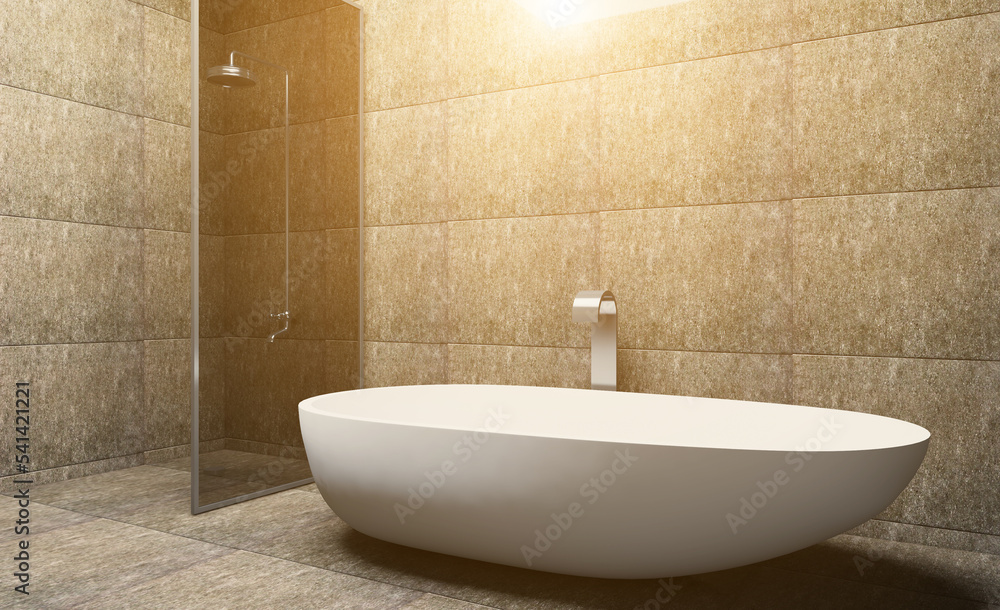 Fototapeta premium Spacious bathroom in gray tones with heated floors, freestanding tub. 3D rendering.. Sunset.