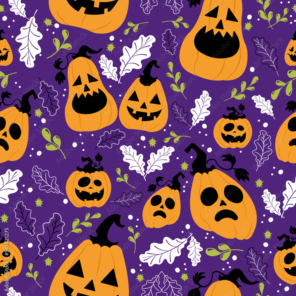 Seamless pattern for Halloween. Halloween party illustration in vector form. ghost pumpkin,  leaf line, and purple background. Cartoon seamless vector pattern	