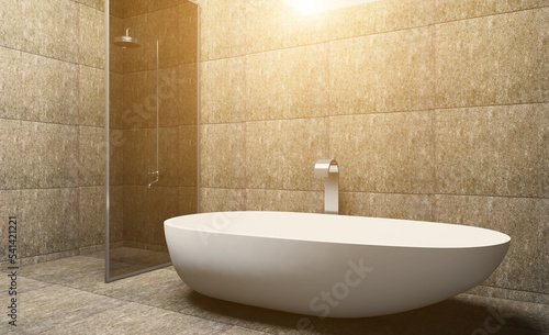 Spacious bathroom in gray tones with heated floors  freestanding tub. 3D rendering.. Sunset.