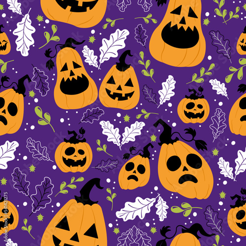 Seamless pattern for Halloween. Halloween party illustration in vector form. ghost pumpkin, leaf line, and purple background. Cartoon seamless vector pattern 