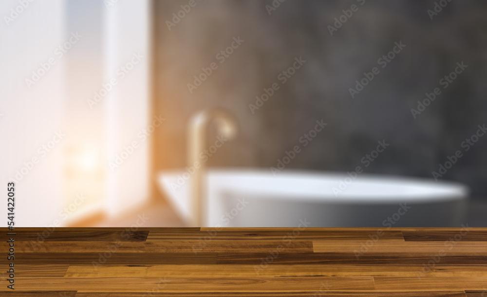 Fototapeta premium Bathroom interior bathtub. 3D rendering.. Sunset.. Background with empty wooden table. Flooring.
