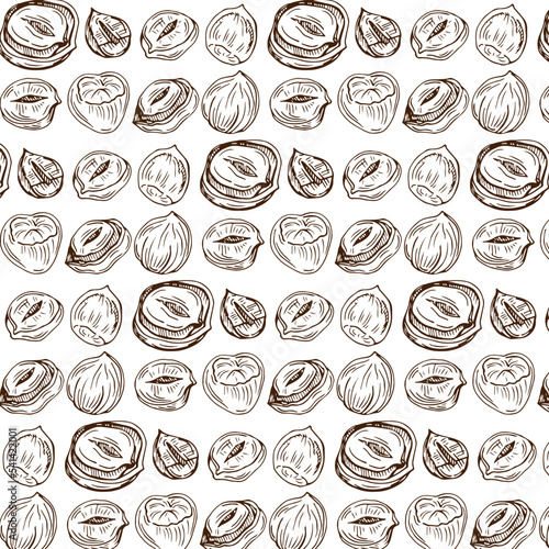 Seamless vector pattern with linear outline hazelnut. Sketches of nuts in vintage style