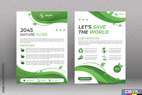 Green eco flyer, poster, brochure, magazine, annual report, booklet, cover banner template. Modern green leaf, environment design. Size A4 CMYK Vector illustration
