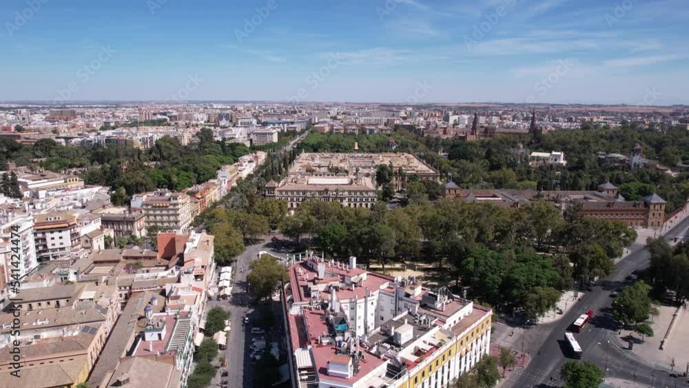 Seville, Spain. Aerial View of University Building With Plaza de Espana in Background, Drone Shot Seville, Spain. Aerial View of University Building With Plaza de Espana in Background, Drone Shot