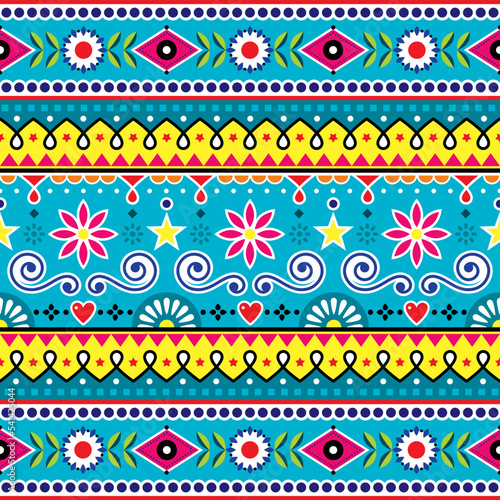 Pakistani and Indian seamless vector pattern, jingle truck art design, colortful ornament with flowers and abstract shapes
 
