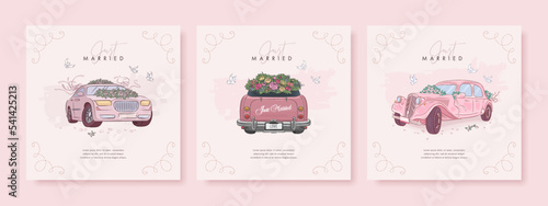 Set of hand drawn square wedding card. Collection of retro wedding car and flowers