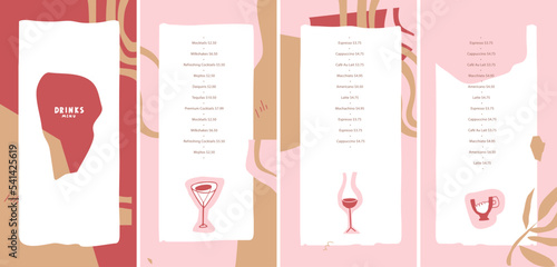 Drinks menu. Cocktail, wine, coffee, fruit tea. Flat style with abstract lines, spots. Hand-drawn decorative elements. Vector template for menu, banner, booklet, brochure, wine map 