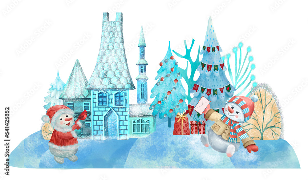 Christmas fairy tale castle illustration,snowman ,Christmas tree ,winter house 