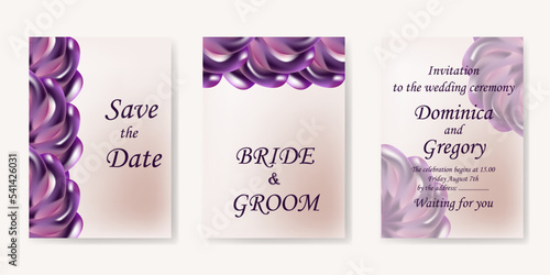 Set of templates for invitations, cards and covers in delicate pastel and purple colors. Vector image of abstract flowers, eps