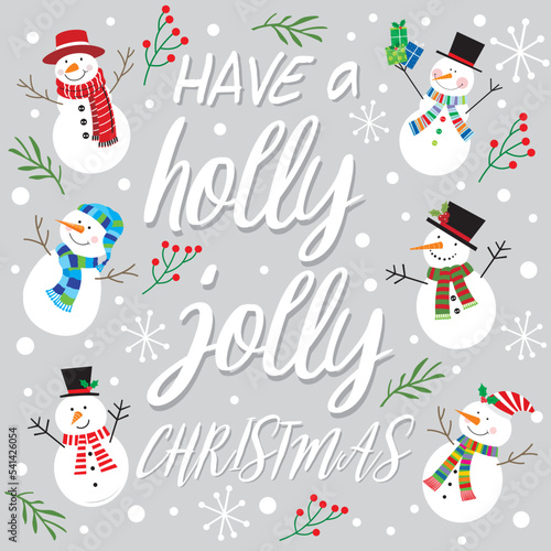 christmas card with snowman and holly jolly text