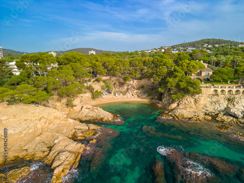 Platja de Aro Costa Brava de Gerona in Spain aerial images first line of turquoise blue Mediterranean sea Playa de Aro