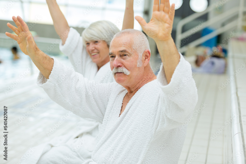 happy mature couple smiling and waving during holidays happy mature couple smiling and waving during holidays
