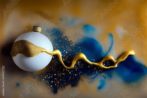 Abstract luxury xmas white glass ball or bauble ornament on a matte gold background splashed with golden yellow metallic paint. Digital painting,art texture.3D illustration.   photo