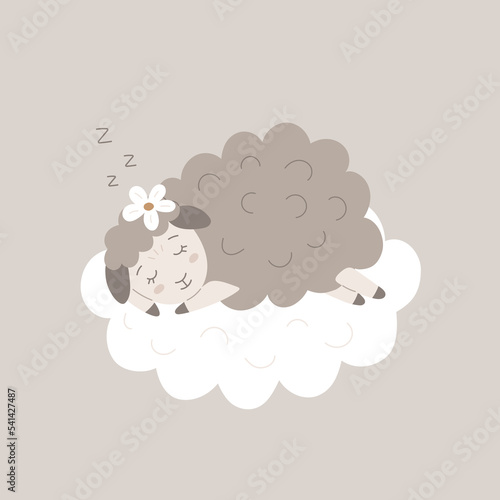 Cute little sheep sleeping on the cloud. Flat lamb illustration for children good night. Sweet animal dreams for kids bedtime prints, postcards, clothing, posters, textile