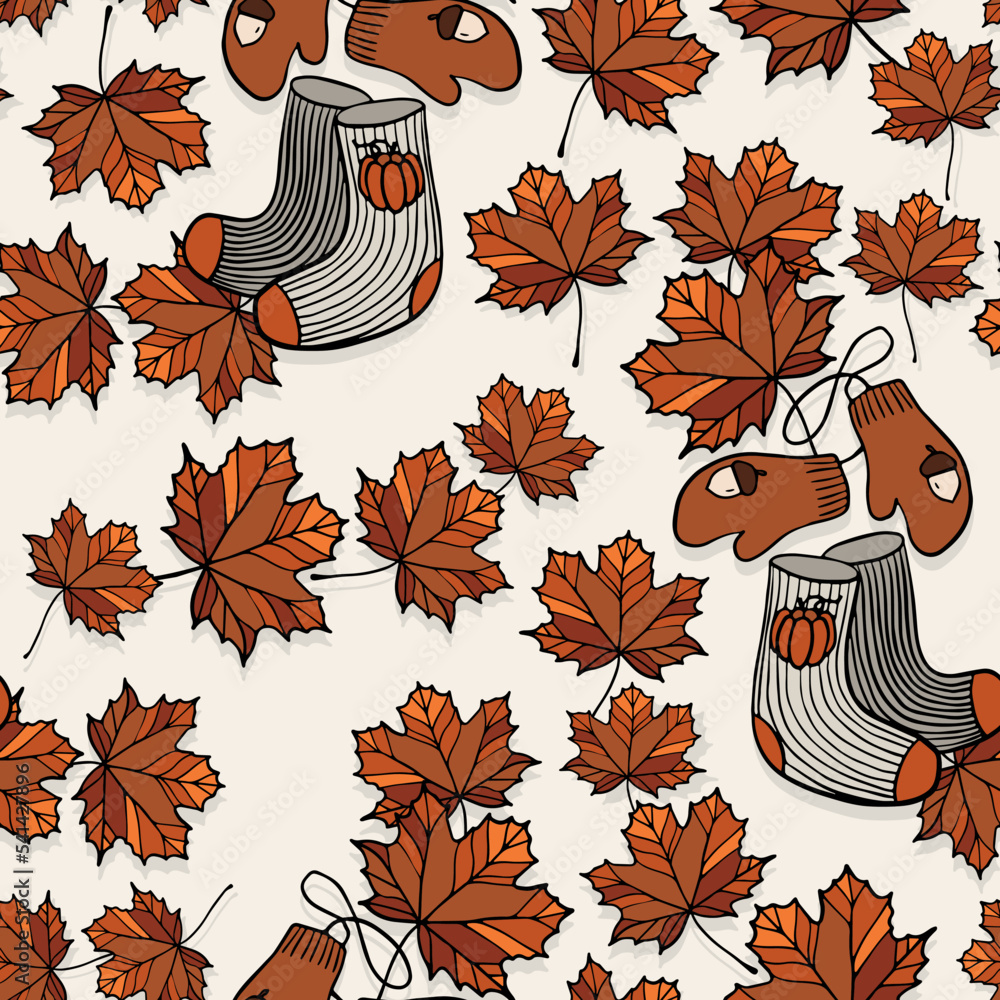 Fall Autumn Doodle Socks and Maple Leaves linear colorful vector seasonal seamless pattern isolated on light background