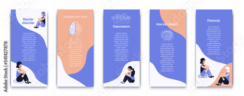 Booklet about bipolar disorder, depression, paranoia, and dissociation. Mental health. Template. Psychology.