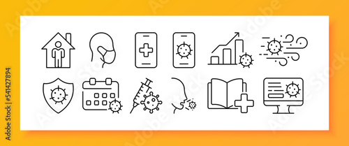 Virus set icon. Quarantine, protective mask, stay home, incidence statistics, covid, coronavirus, incubation period, vaccination, syringe, injection, medical history, computer. Healthcare concept