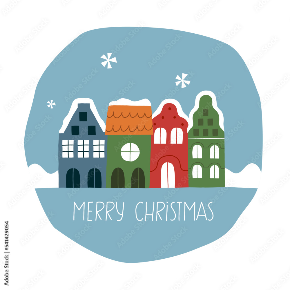 Christmas composition with snow-covered houses. All elements of the composition are isolated. Vector hand drawn illustration.