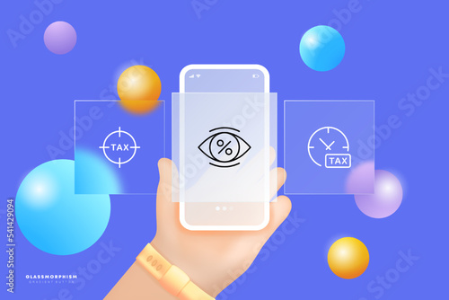 Taxes set icon. Transparent system, no hidden fees, aim, tax protection, eye, percent, time to pay, charge, duty. Financial management concept. Ui phone app screen. Glassmorphism. Vector line icon