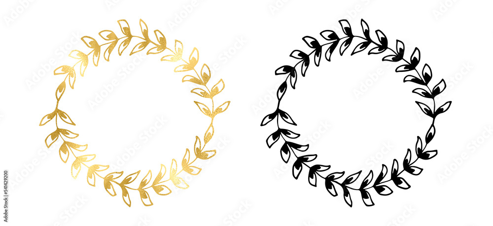 Hand drawn linear frames and wreaths, gold foil. Linear gold floral wreaths. Monogram, icon, golden circle, geometric line art, Hand drawn linear frames and wreaths, gold foil. Linear gold floral wreaths. Monogram, icon, golden circle, geometric line art,