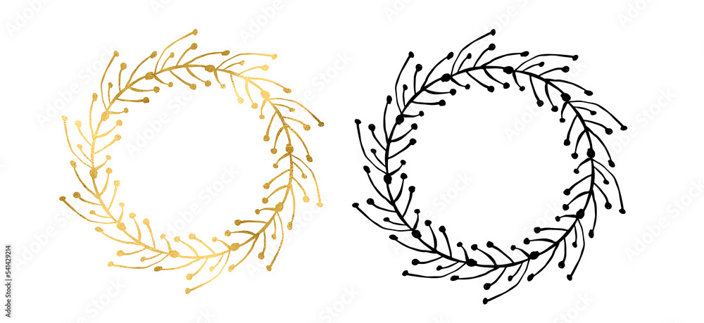 Hand drawn linear frames and wreaths, gold foil. Linear gold floral wreaths. Monogram, icon, golden circle, geometric line art, Hand drawn linear frames and wreaths, gold foil. Linear gold floral wreaths. Monogram, icon, golden circle, geometric line art,