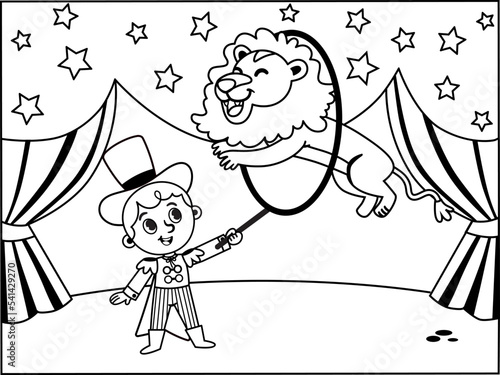 Black and white vector illustration of a lion tamer.
