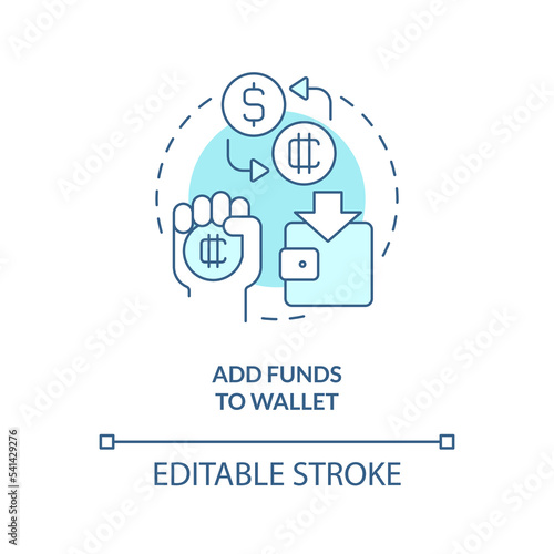 Add funds to wallet turquoise concept icon. Buy cryptocurrency. NFTs minting process abstract idea thin line illustration. Isolated outline drawing. Editable stroke. Arial, Myriad Pro-Bold fonts used