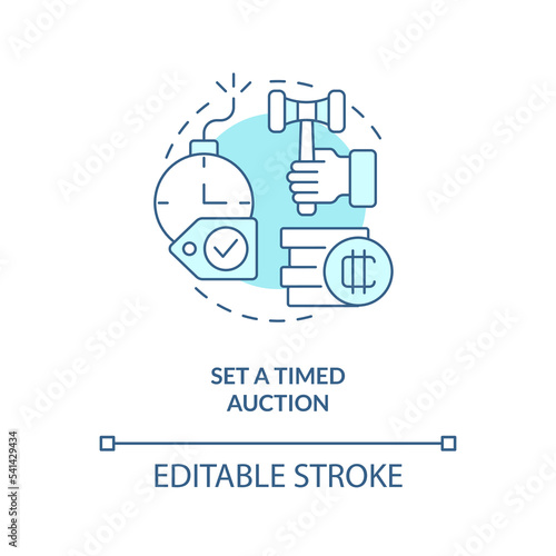 Set timed auction turquoise concept icon. Limited betting period. Way of NFTs selling abstract idea thin line illustration. Isolated outline drawing. Editable stroke. Arial, Myriad Pro-Bold fonts used