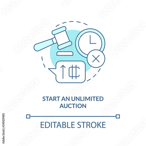 Start an unlimited auction turquoise concept icon. Monetization. Way of NFTs selling abstract idea thin line illustration. Isolated outline drawing. Editable stroke. Arial, Myriad Pro-Bold fonts used