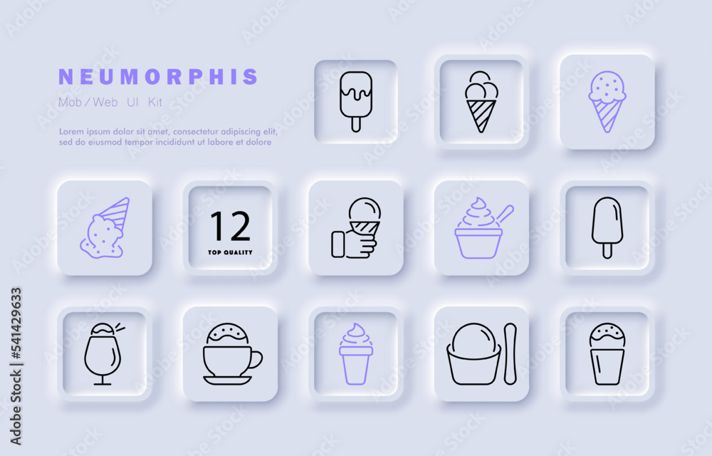 Ice cream set icon. Cone, popsicle, glaze, ice cream, coffee, plate, portion, street food, cafe, fast food, harmful, sweet, delicious, dessert. Eating concept. Neomorphism style. Vector line icon Ice cream set icon. Cone, popsicle, glaze, ice cream, coffee, plate, portion, street food, cafe, fast food, harmful, sweet, delicious, dessert. Eating concept. Neomorphism style. Vector line icon