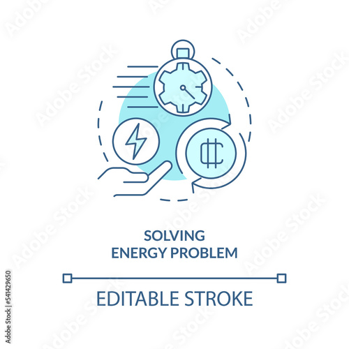 Solving energy problem turquoise concept icon. Reduce power consumption. NFT trend abstract idea thin line illustration. Isolated outline drawing. Editable stroke. Arial, Myriad Pro-Bold fonts used