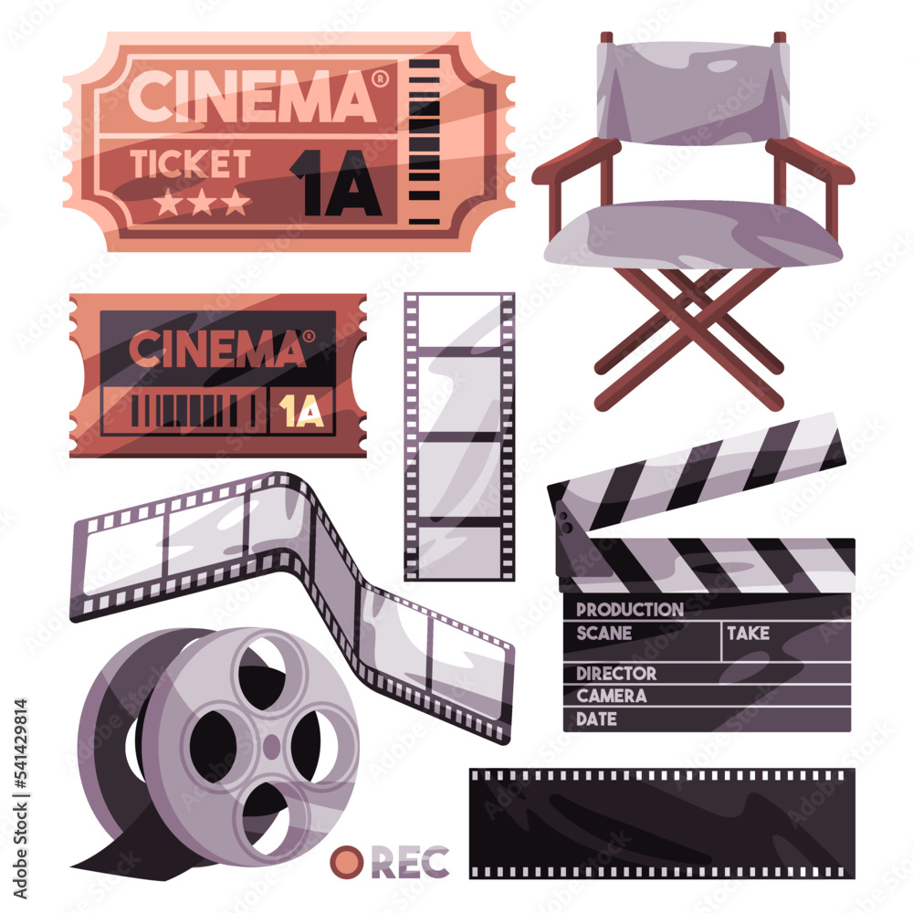Movie cinema production objects from director chair clapboard film strip and roll ticket