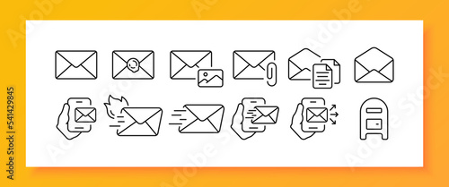 Mails set icon. Letter, envelope, message, email, inbox, mailbox, paper clip, fire, phone, listing, stamp, attach, attachment. Communication concept. Vector line icon for Business and Advertising