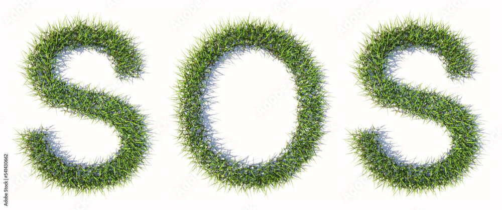 Conceptual green lawn grass forming the word SOS isolated on white background. 3d illustration metaphor for pollution, climate change, global warming, deforestation, protest, ecology and environment Conceptual green lawn grass forming the word SOS isolated on white background. 3d illustration metaphor for pollution, climate change, global warming, deforestation, protest, ecology and environment